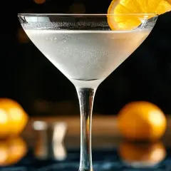 Elegancki martini z wódką, ozdobiony plasterkiem pomarańczy, na tle rozmytych owoców i świateł.