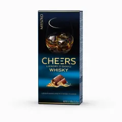 Pudełko likworów "Cheers" o smaku whisky. Czy w whisky jest cukier? Te czekoladki z pewnością go zawierają, oferując słodką przyjemność.