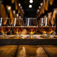 Degustacja whisky w beczkach. Jak wybrać dobrą whisky? Złocisty trunek w kieliszkach na drewnianym blacie.