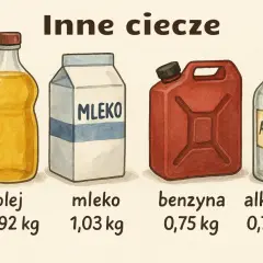 Porównanie gęstości: olej (0,92 kg), mleko (1,03 kg), benzyna (0,75 kg) i alkohol (0,79 kg). Ile waży wódka? Okazuje się, że alkohol waży 0,79 kg.