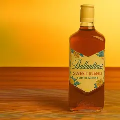 Butelka Ballantine's Sweet Blend Scotch Whisky na drewnianym blacie. Dowiedz się, jak pić balantajsa, by docenić jego smak.