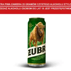 Puszczański Żubr na puszce piwa. 1/2 litra piwa Żubr zawiera 25g czystego alkoholu. Sprzedaż alkoholu osobom do lat 18 jest przestępstwem.