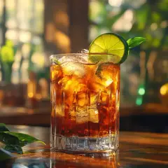 Orzeźwiający drink z colą, lodem i plasterkiem limonki, ozdobiony listkiem mięty. Idealny na letnie popołudnie.
