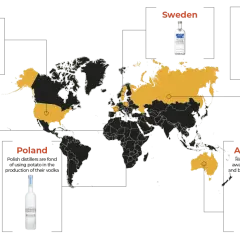 Mapa świata z zaznaczonymi krajami produkującymi wódkę. Kto wynalazł wódkę? Pytanie pozostaje otwarte, ale Polska, Szwecja, USA, Francja, Rosja i Australia mają swoje tradycje.