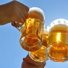 Trzy kufle piwa Żubr wzniesione do toastu pod błękitnym niebem. Ile cukru ma piwo Żubr?