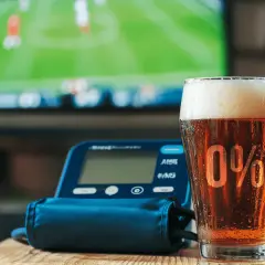 Szklanka piwa 0% i ciśnieniomierz na tle ekranu telewizora.