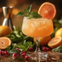 Orzeźwiający drink z plasterkiem pomarańczy i miętą, otoczony owocami cytrusowymi i granatem. Idealne ozdoby do drinków na letnie wieczory.