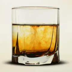 Szklanka z bursztynowym płynem, w którym rozpuszcza się barwnik. Wizualizacja procesu, jak zrobić whisky w domu.