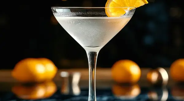 Elegancki martini z wódką, ozdobiony plasterkiem pomarańczy, na tle rozmytych owoców i świateł.