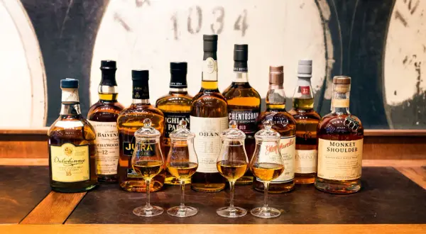Rząd butelek szkockiej whisky, od Dalwhinnie po Monkey Shoulder, z kieliszkami pełnymi bursztynowego płynu. Czy to początek dyskusji: co jest lepsze koniak czy whisky?