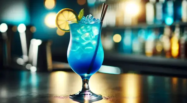 Orzeźwiający blue lagoon drink z lodem, plasterkiem cytryny i miętą, podany w eleganckim kieliszku na tle rozmytego baru.