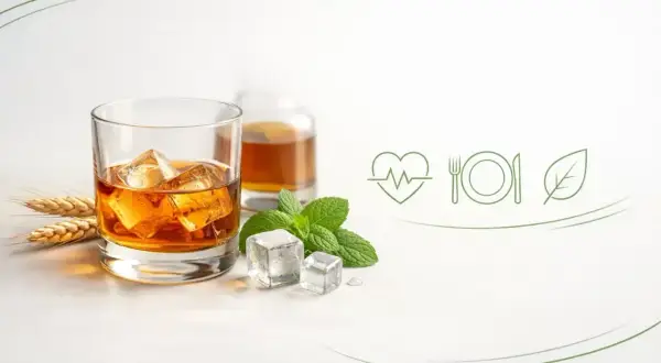 Szklanka whiskey z lodem, miętą i kłosami zbóż. Obok ikony serca, talerza i liścia. Czy whiskey jest zdrowe?