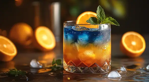 Kolorowe drinki przepisy: dwukolorowy koktajl z pomarańczą i miętą, otoczony owocami i lodem.
