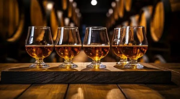Degustacja whisky w beczkach. Jak wybrać dobrą whisky? Złocisty trunek w kieliszkach na drewnianym blacie.