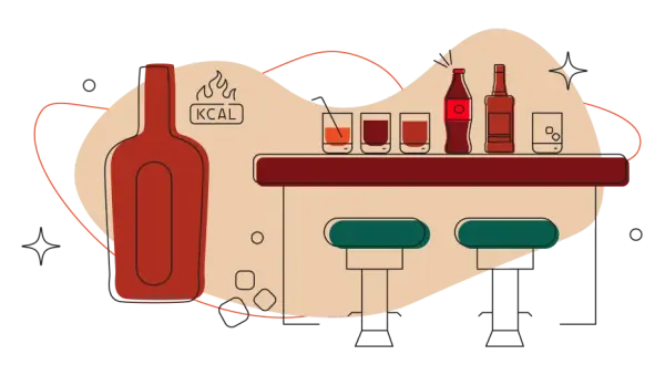 Ilustracja baru z butelką whisky, colą i szklankami. Obok butelki symbol płomieni i napis "KCAL", sugerujący ile kalorii ma whisky z colą.