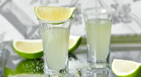Dwa kieliszki z drinkami, ozdobione solą i plasterkami limonki. Idealne na letnie wieczory, te shoty orzeźwiają.