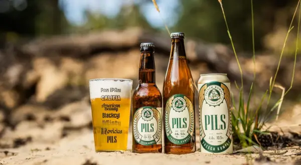 Szklanka i butelki z polskimi piwami typu lager "Pils" od Trzech Kumpli na piasku.
