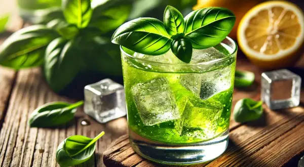 Orzeźwiający drink z bazylią, lodem i plasterkiem cytryny na drewnianym blacie. Idealny na upalne dni.