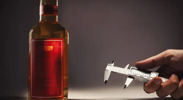 Precyzyjne mierzenie, ile etanolu jest w wódce, za pomocą suwmiarki cyfrowej obok butelki.