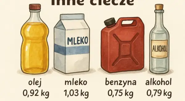 Porównanie gęstości: litr oleju waży 0,92 kg, mleka 1,03 kg, benzyny 0,75 kg, a alkoholu 0,79 kg.