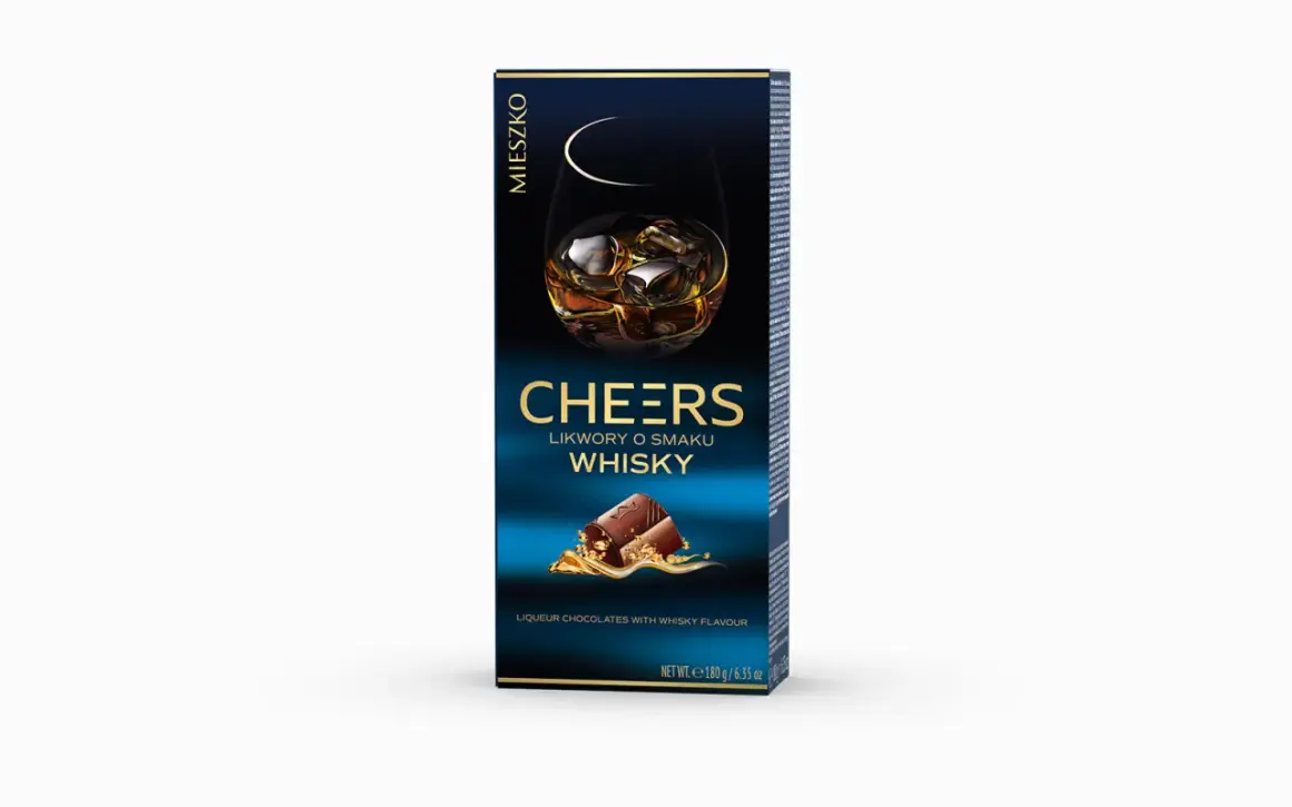 Pudełko likworów "Cheers" o smaku whisky. Czy w whisky jest cukier? Te czekoladki z pewnością go zawierają, oferując słodką przyjemność.