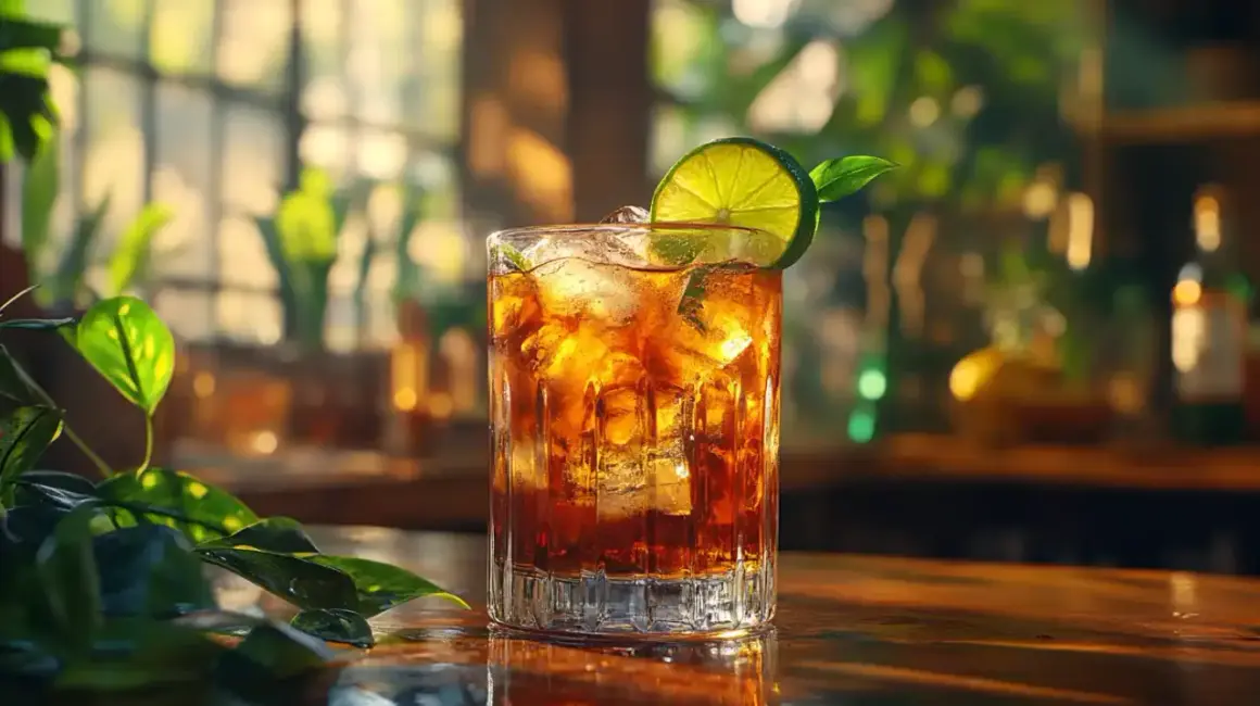 Orzeźwiający drink z colą, lodem i plasterkiem limonki, ozdobiony listkiem mięty. Idealny na letnie popołudnie.
