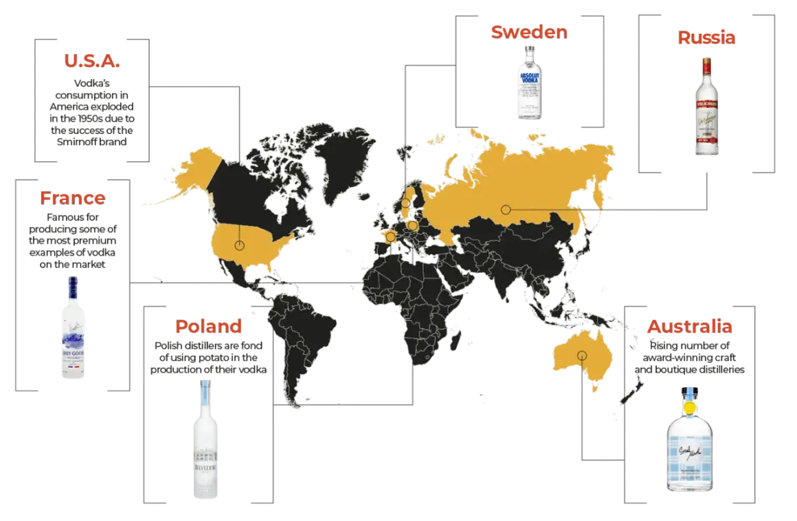 Mapa świata z zaznaczonymi krajami produkującymi wódkę. Kto wynalazł wódkę? Pytanie pozostaje otwarte, ale Polska, Szwecja, USA, Francja, Rosja i Australia mają swoje tradycje.
