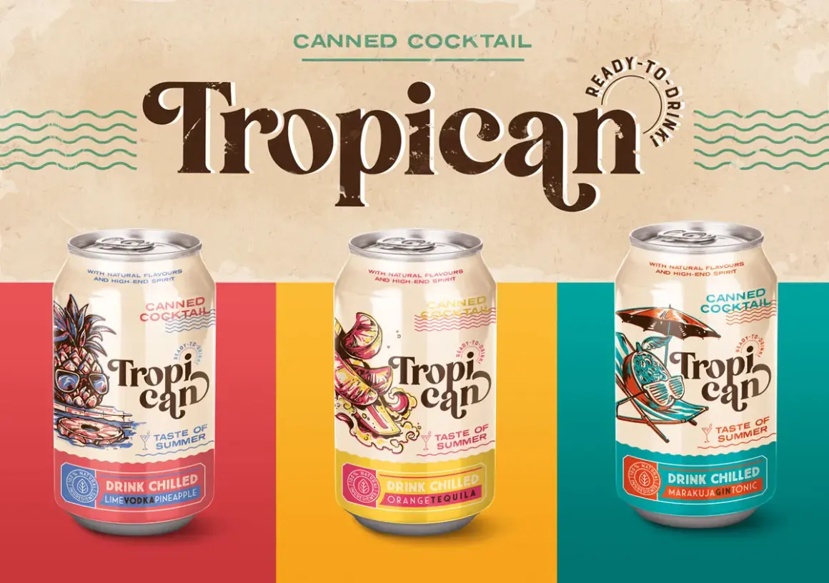 Trzy puszki z napojem "Tropican" o smaku limonki, pomarańczy i marakui. Idealne na lato!