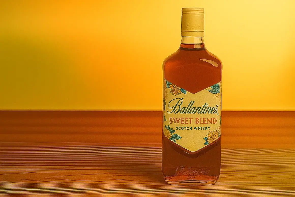 Butelka Ballantine's Sweet Blend Scotch Whisky na drewnianym blacie. Idealna do degustacji, jak pić Ballantines?
