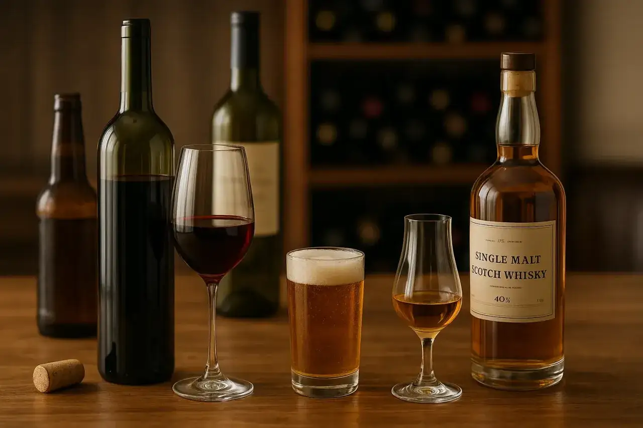 Butelka whisky, piwa i wina na stole. Zastanawiasz się, ile może stać otwarta wódka? To zdjęcie nie odpowie, ale pokazuje inne alkohole.