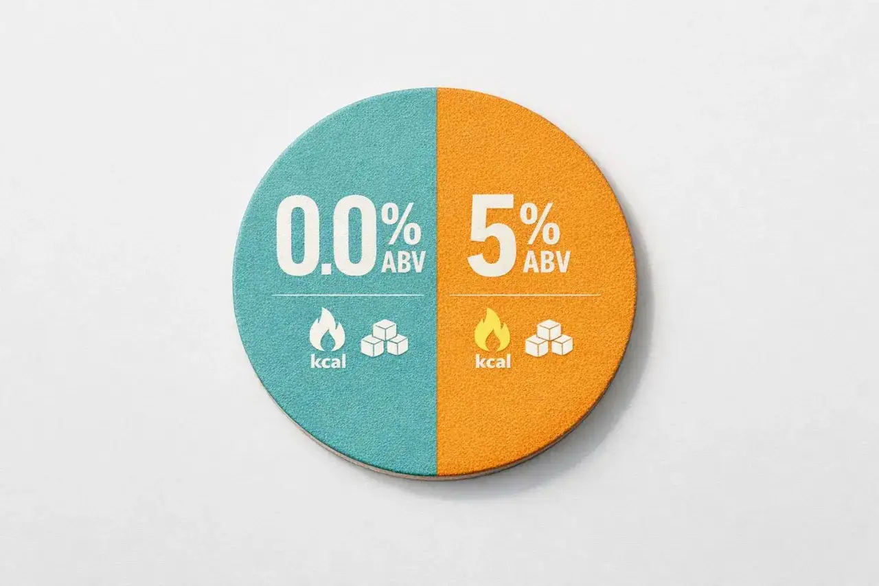 Podkładka pod kufel porównuje piwo 0.0% ABV i 5% ABV, pokazując, ile piwo ma kalori.