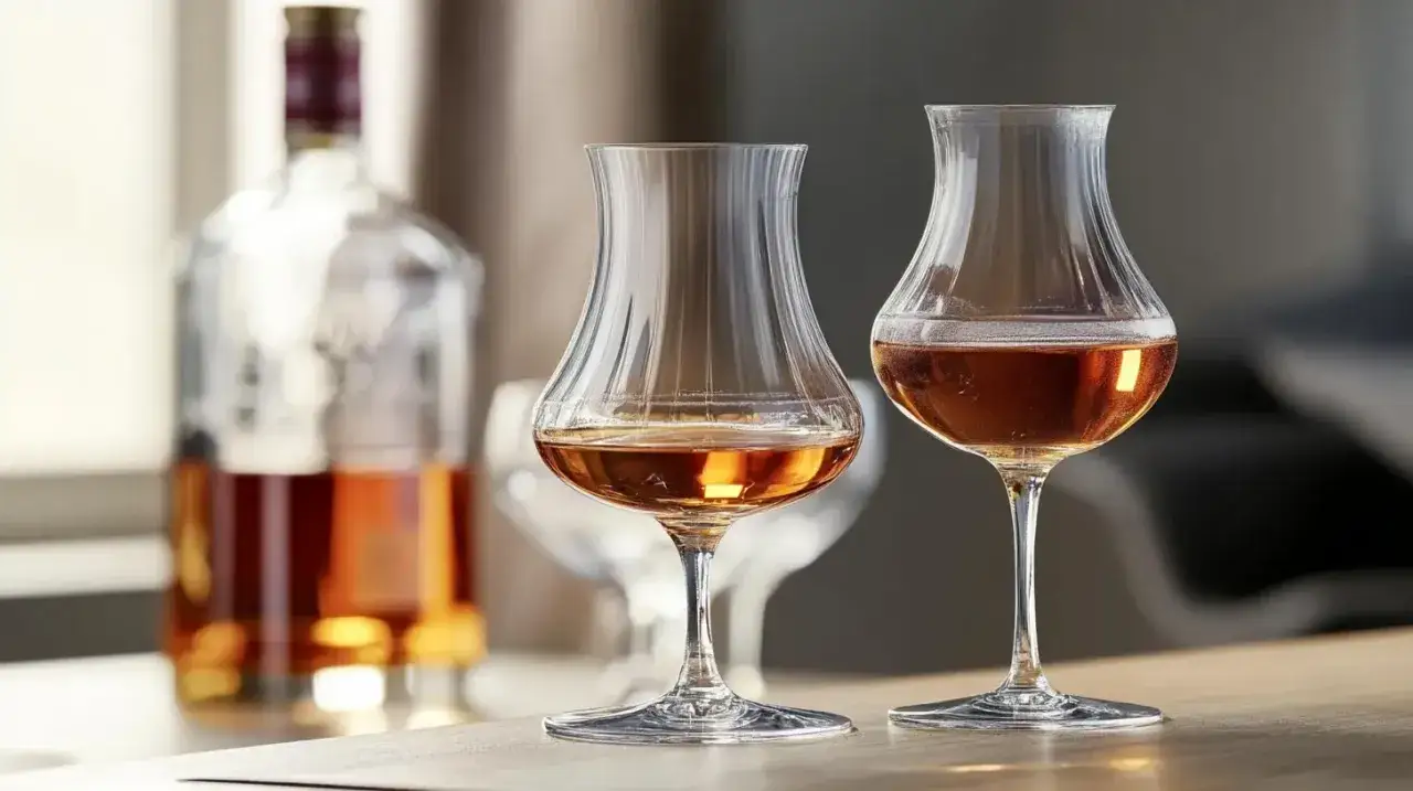 Dwa kieliszki z bursztynowym trunkiem i butelka w tle. Dylemat: co jest lepsze, koniak czy whisky?